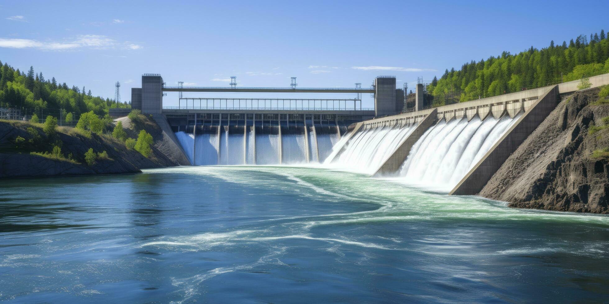 AI generated Hydroelectric dam generating green energy from flowing water.   AI Generated. photo