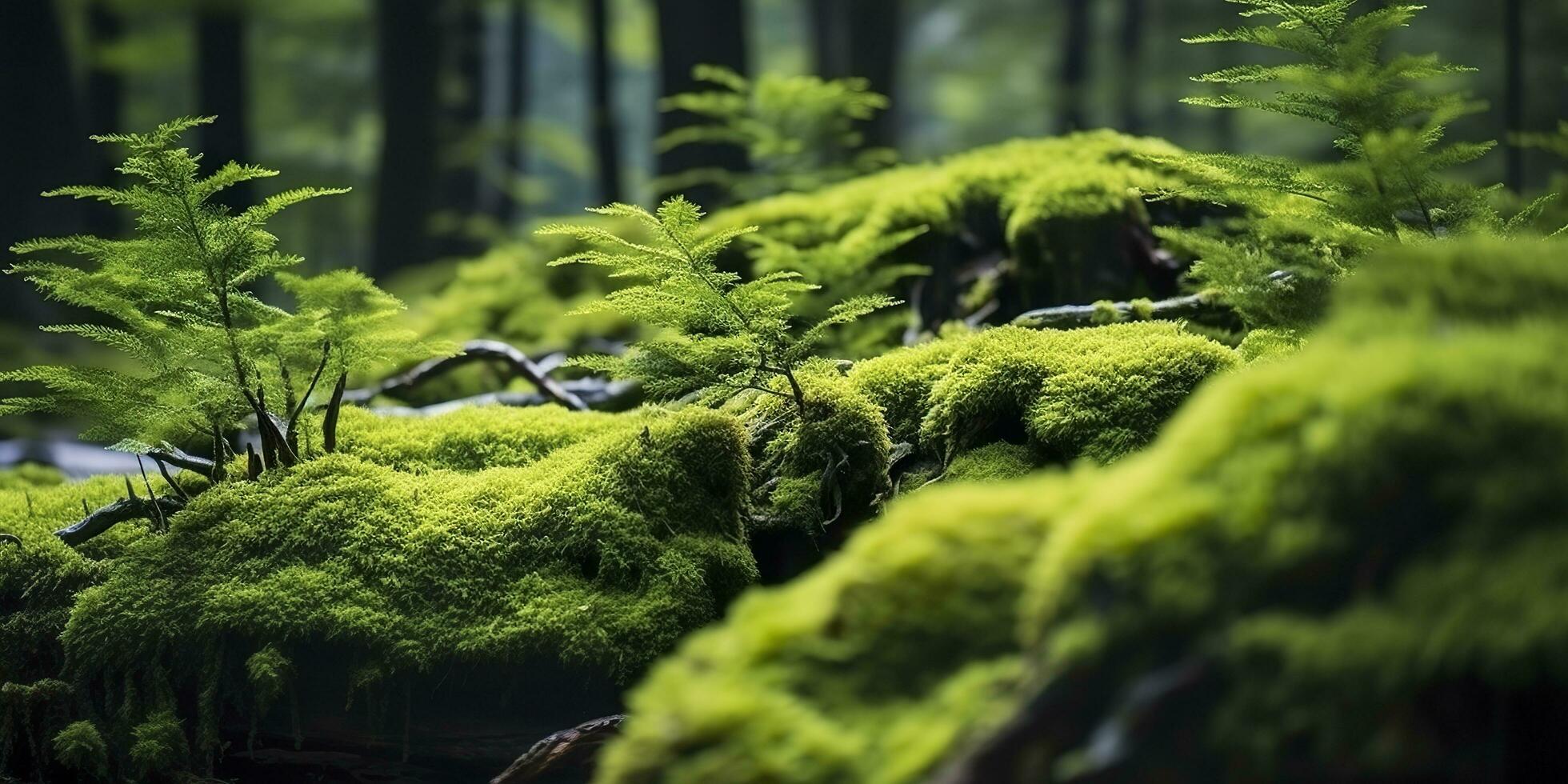 AI generated Green moss closeup, with a backdrop of woodland.  Forest in the national park. AI Generated photo