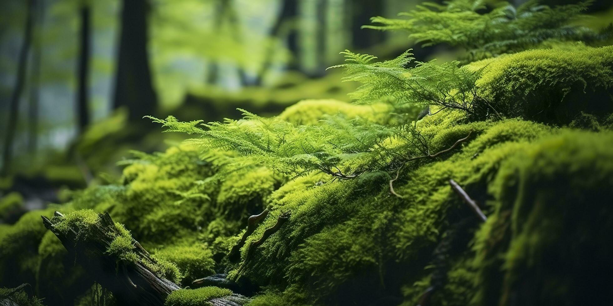 AI generated Green moss closeup, with a backdrop of woodland.  Forest in the national park. AI Generated photo