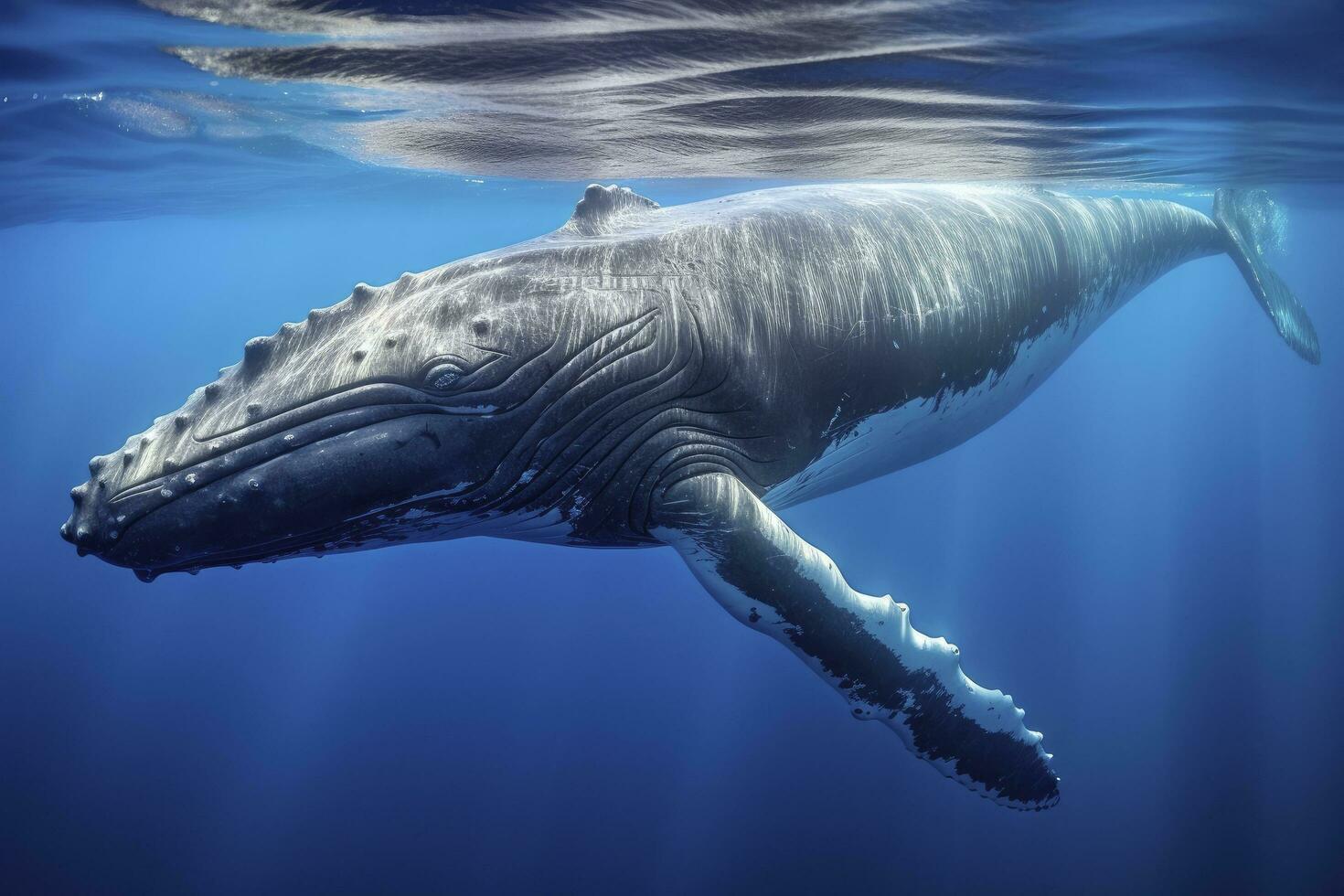 AI generated Young Humpback Whale In Blue Water. AI Generated photo