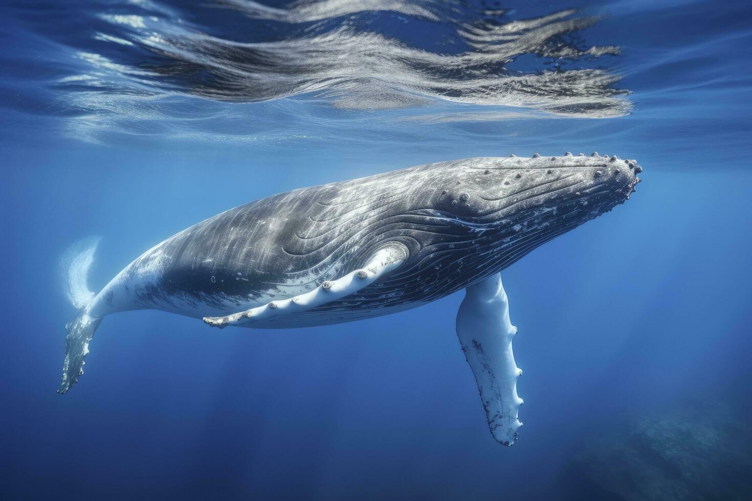 ai generado joven jorobado ballena en azul agua. ai generado foto