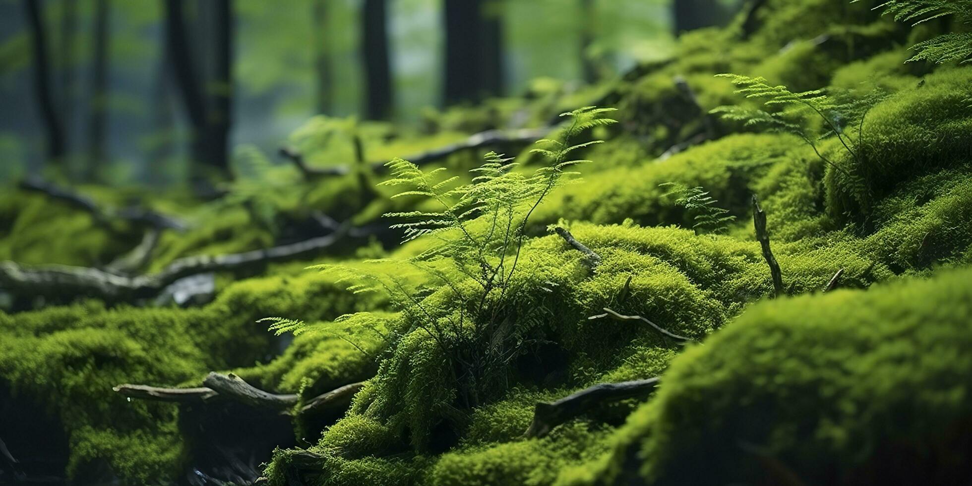 AI generated Green moss closeup, with a backdrop of woodland.  Forest in the national park. AI Generated photo