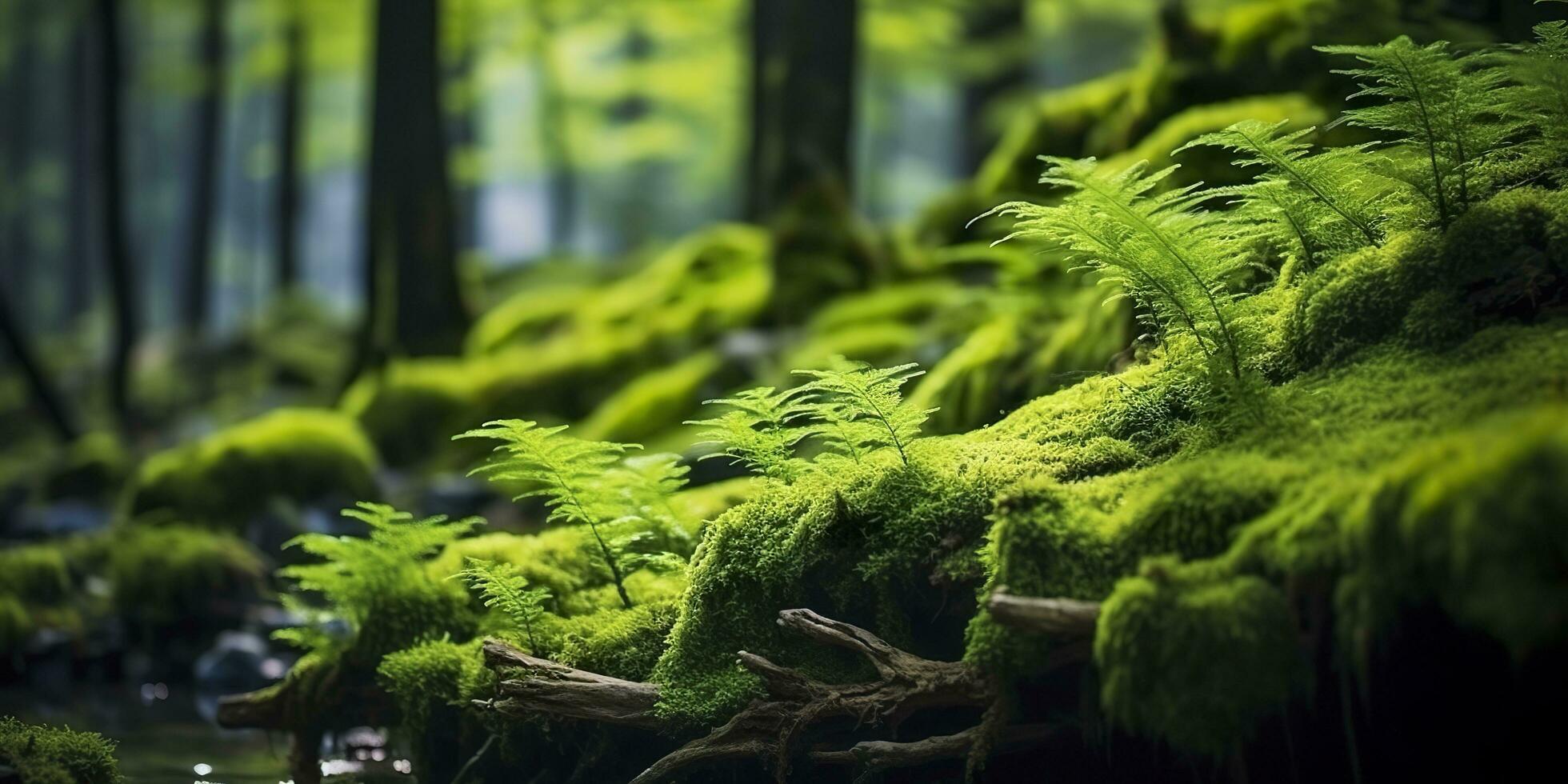 AI generated Green moss closeup, with a backdrop of woodland.  Forest in the national park. AI Generated photo