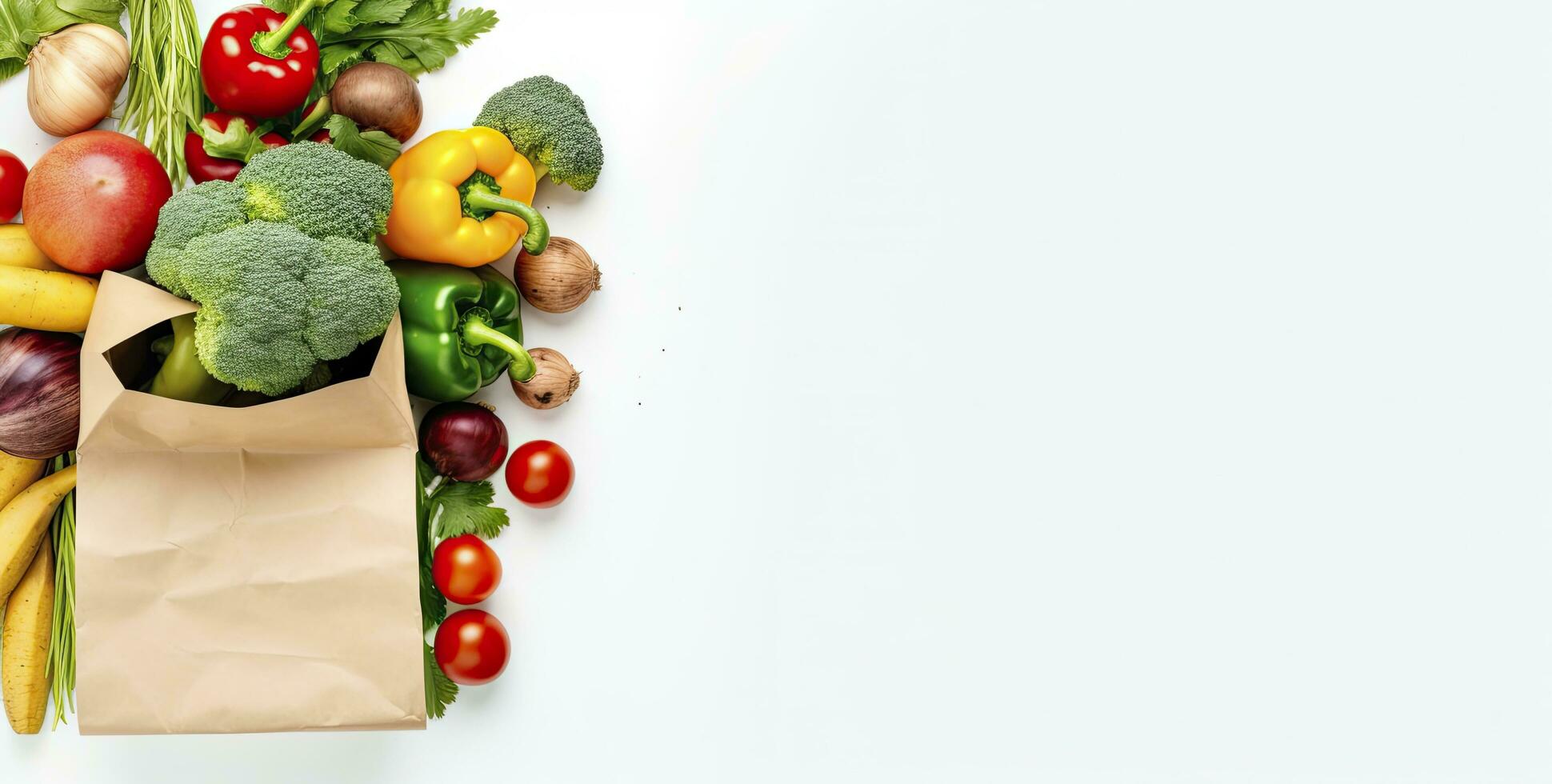 AI generated Healthy food in paper bag vegetables and fruits on white background. AI Generated photo