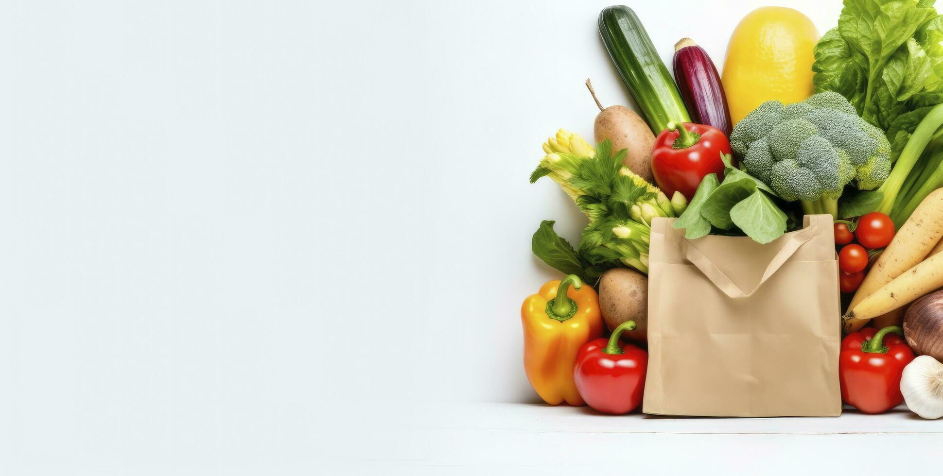 AI generated Healthy food in paper bag vegetables and fruits on white background. AI Generated photo