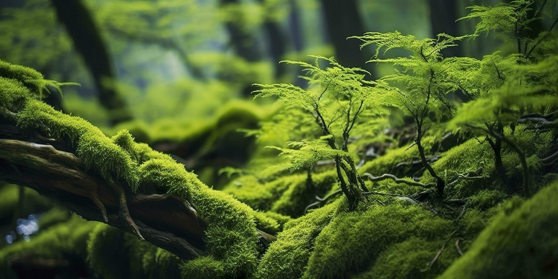 AI generated Green moss closeup, with a backdrop of woodland.  Forest in the national park. AI Generated photo