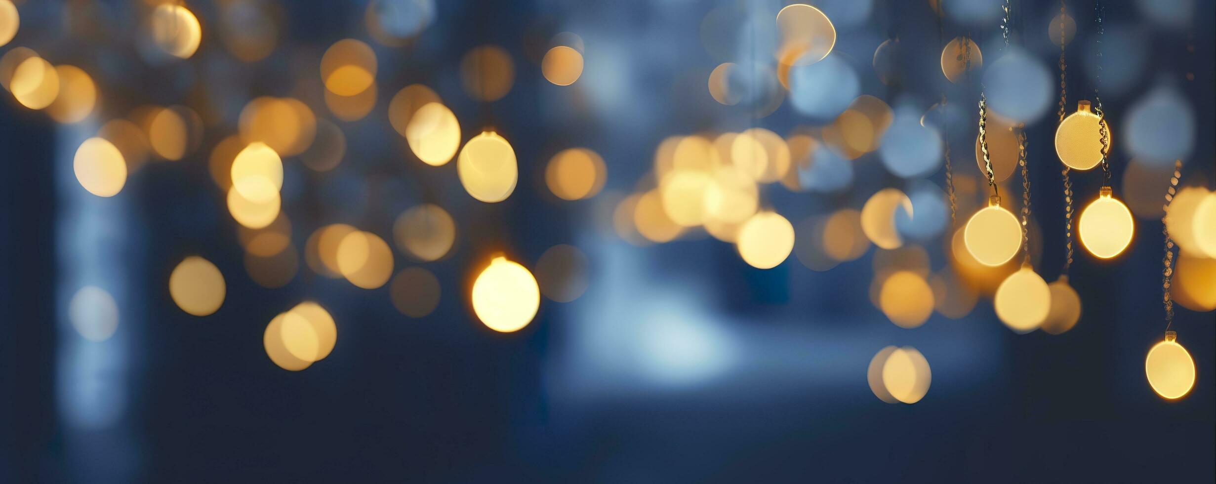 AI generated holiday illumination and decoration concept, Christmas garland bokeh lights over dark blue background. AI Generated photo