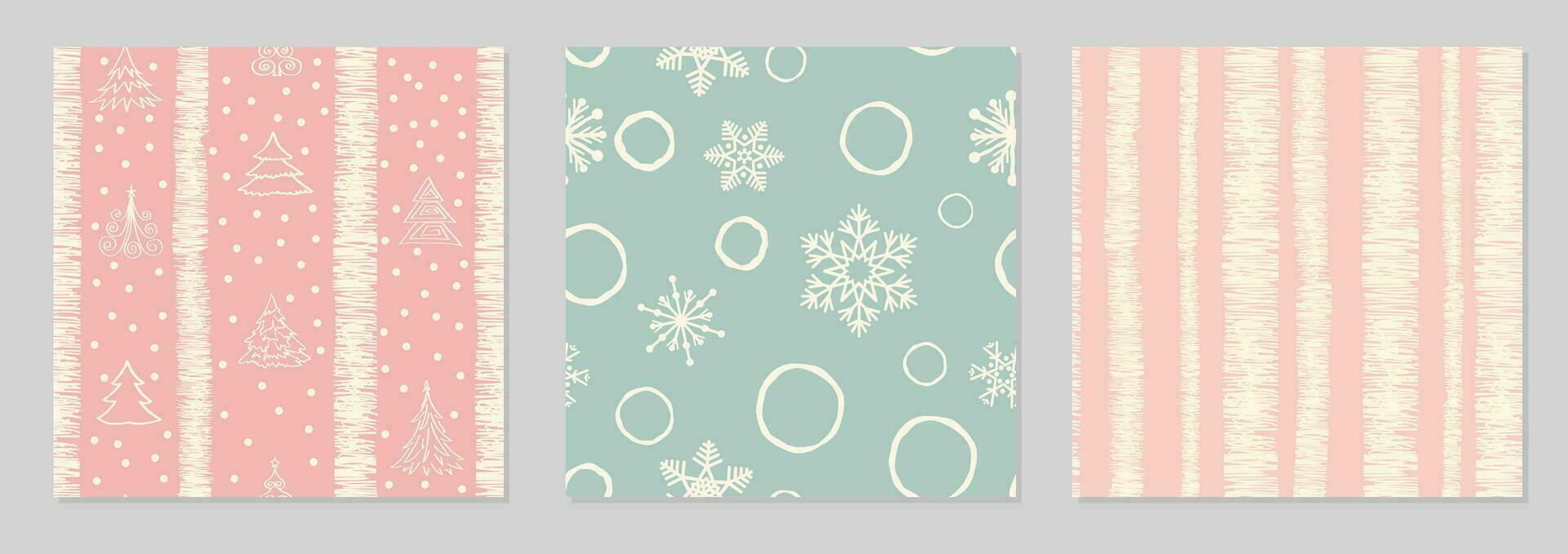 Set of snowflakes, christmas tree and stripe lines retro seamless pattern, snow background. Winter Christmas decor collection. vector