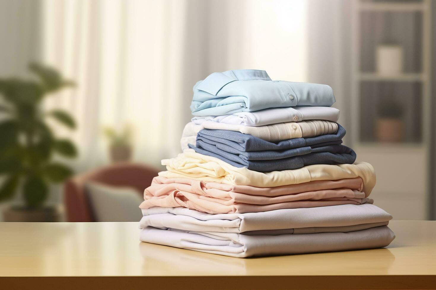 AI generated Stack of clean clothes on table in room. Generative AI photo