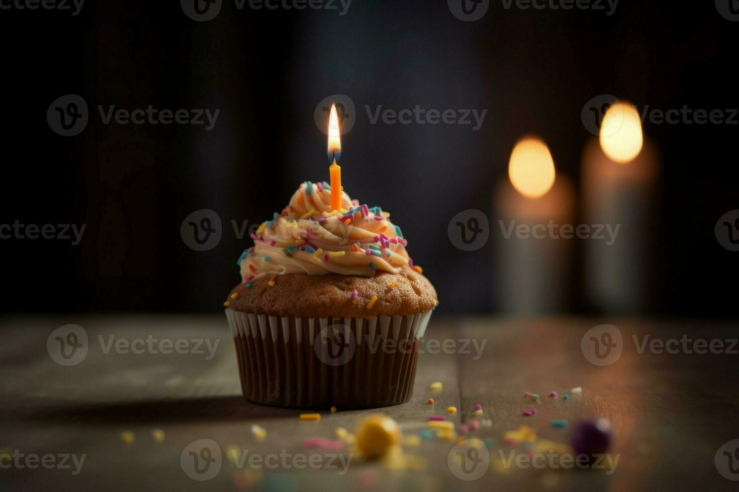 AI generated Birthday creamy cupcake with lightning candle. Generate ai photo