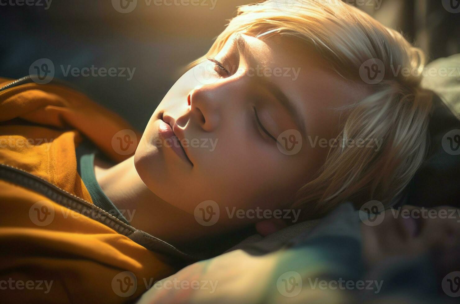 AI generated Boy with blonde hair sleeping in sunlight. Generate ai photo