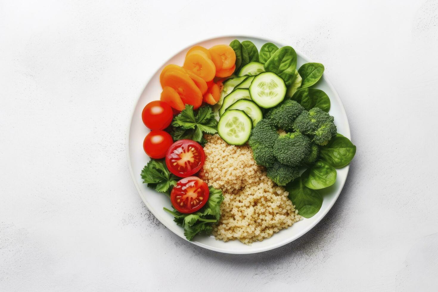 ai generado ensalada con quinua, espinaca, brócoli, Tomates, pepinos y zanahorias. ai generado foto