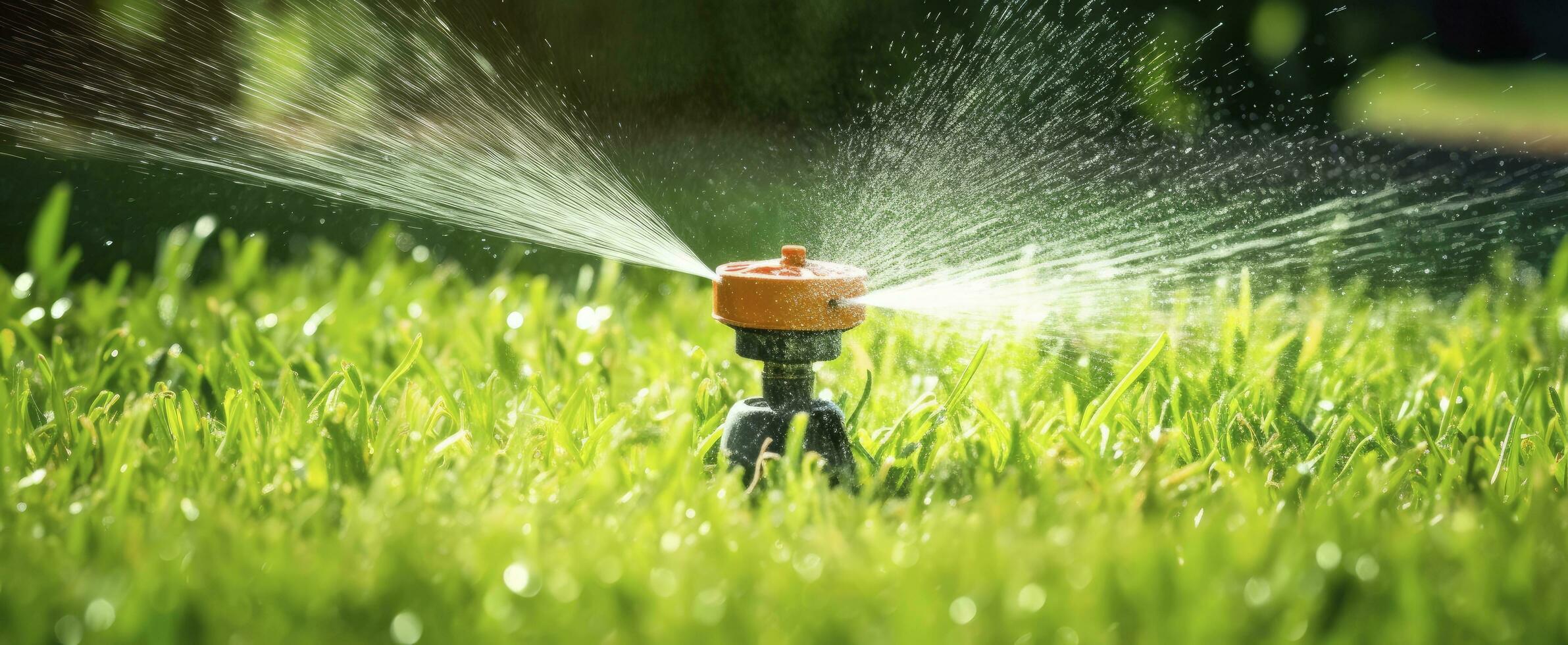 AI generated Automatic garden lawn sprinkler in action watering grass. AI Generated photo