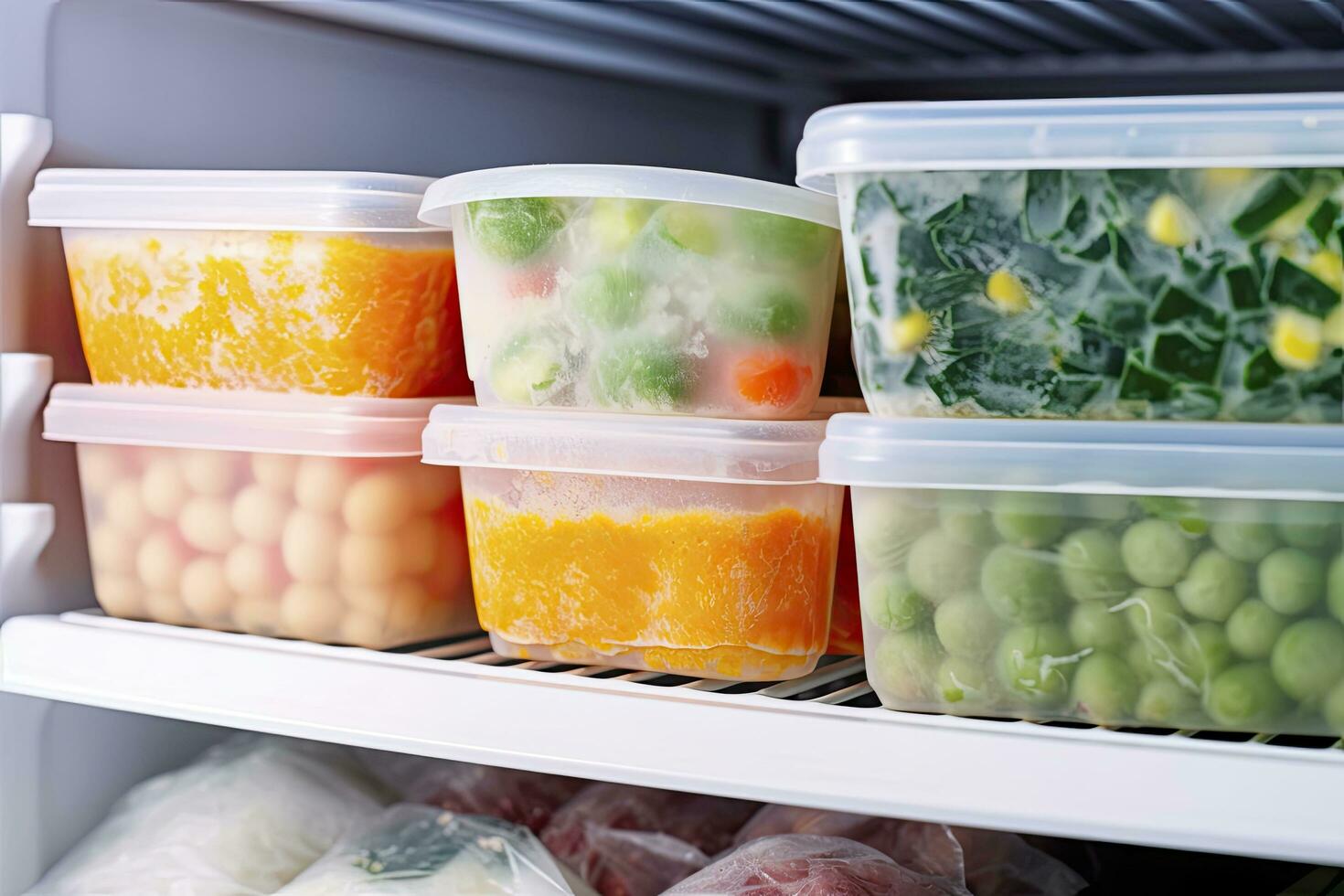 AI generated Frozen food in the freezer. Frozen vegetables. AI Generated photo