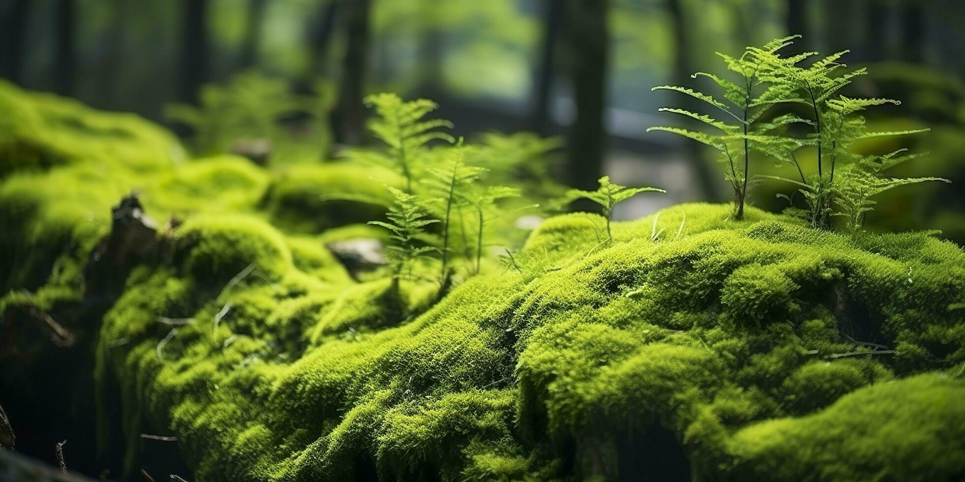 AI generated Green moss closeup, with a backdrop of woodland.  Forest in the national park. AI Generated photo