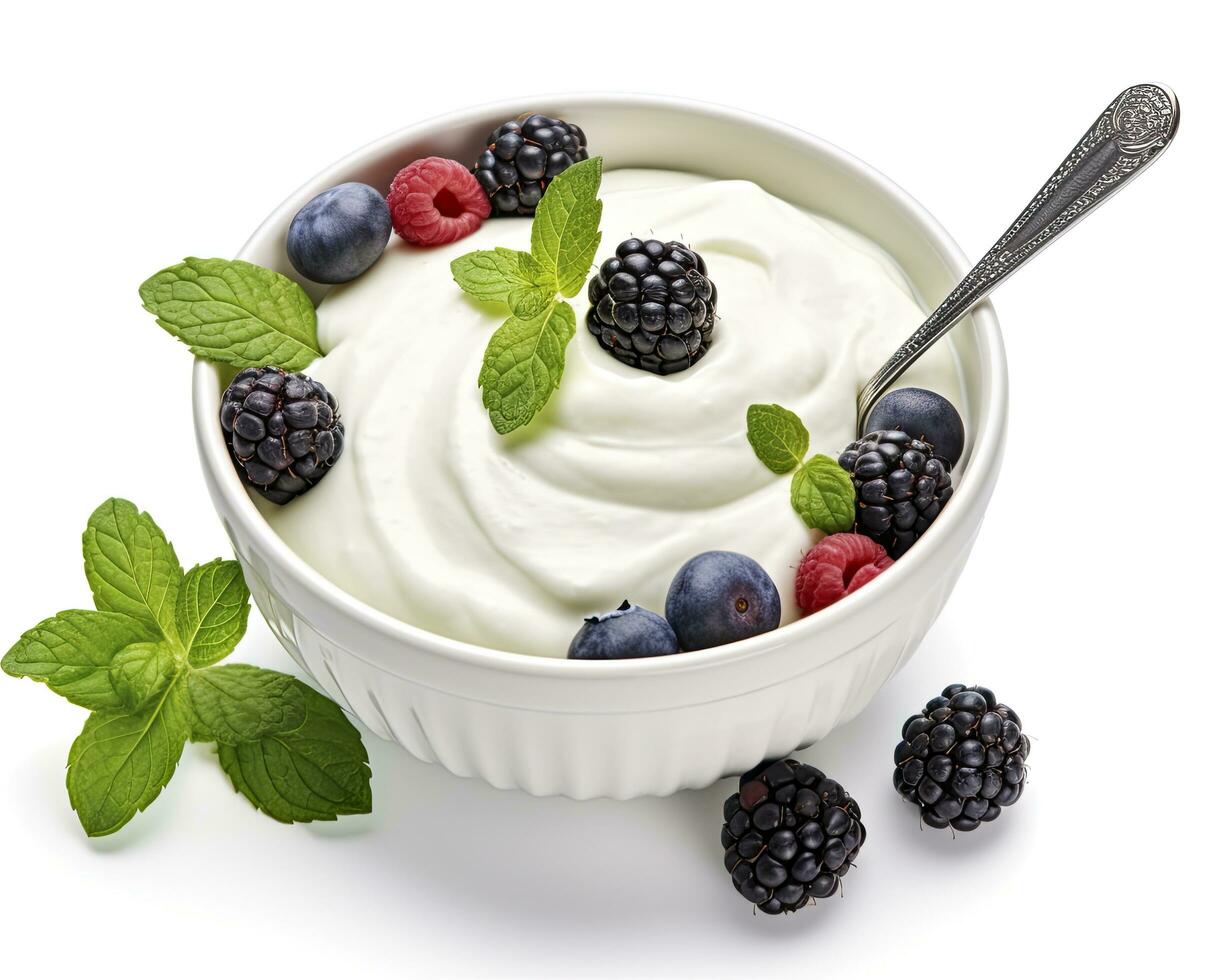 AI generated Green bowl of greek yogurt and fresh berries isolated on white background. AI Generated photo