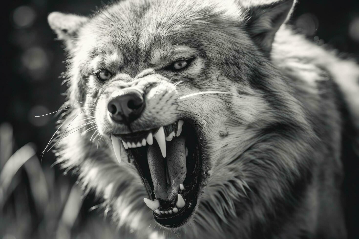 AI generated Greyscale closeup shot of an angry wolf with a blurred background. AI Generated photo