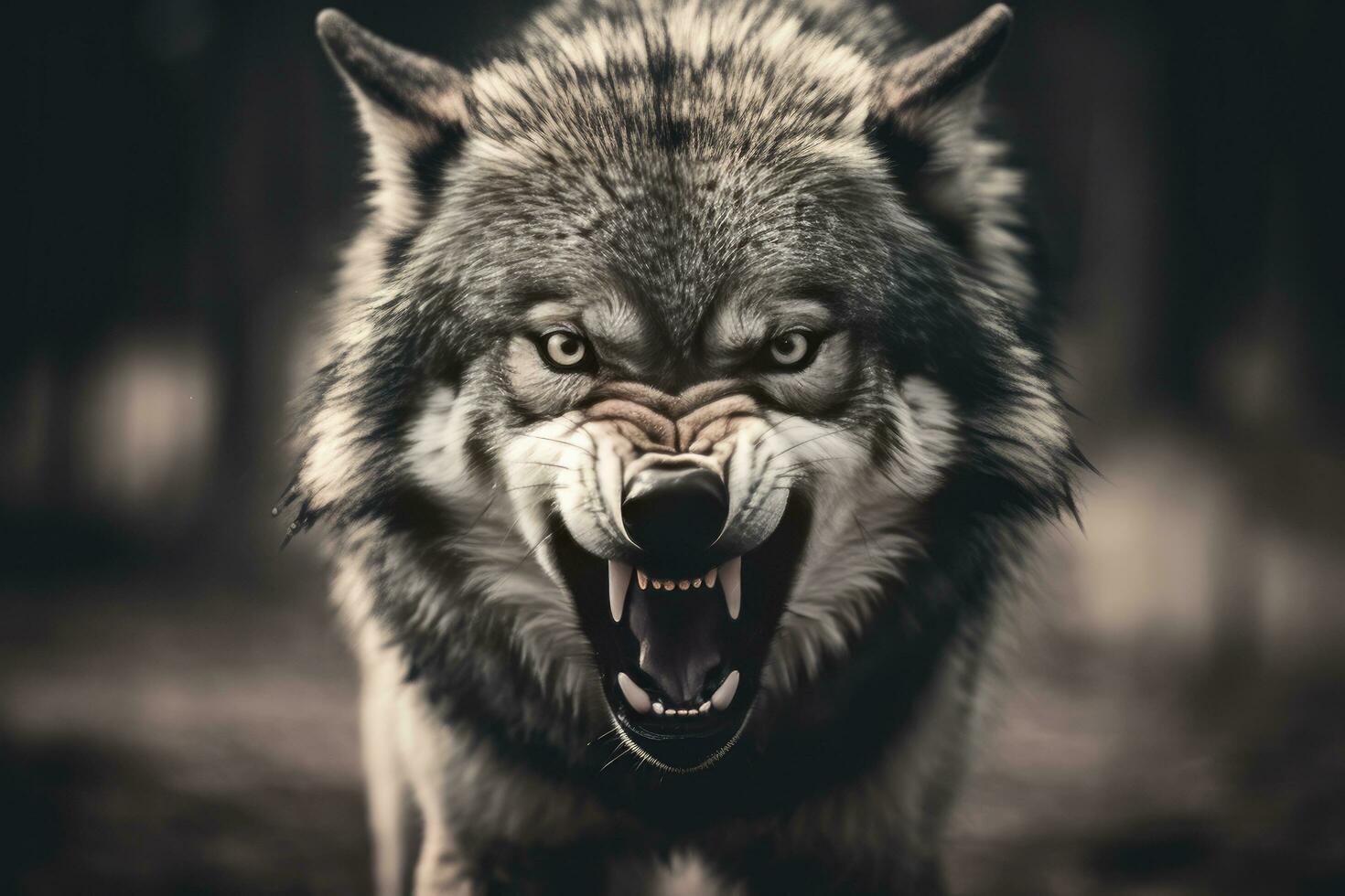 AI generated Greyscale closeup shot of an angry wolf with a blurred background. AI Generated photo