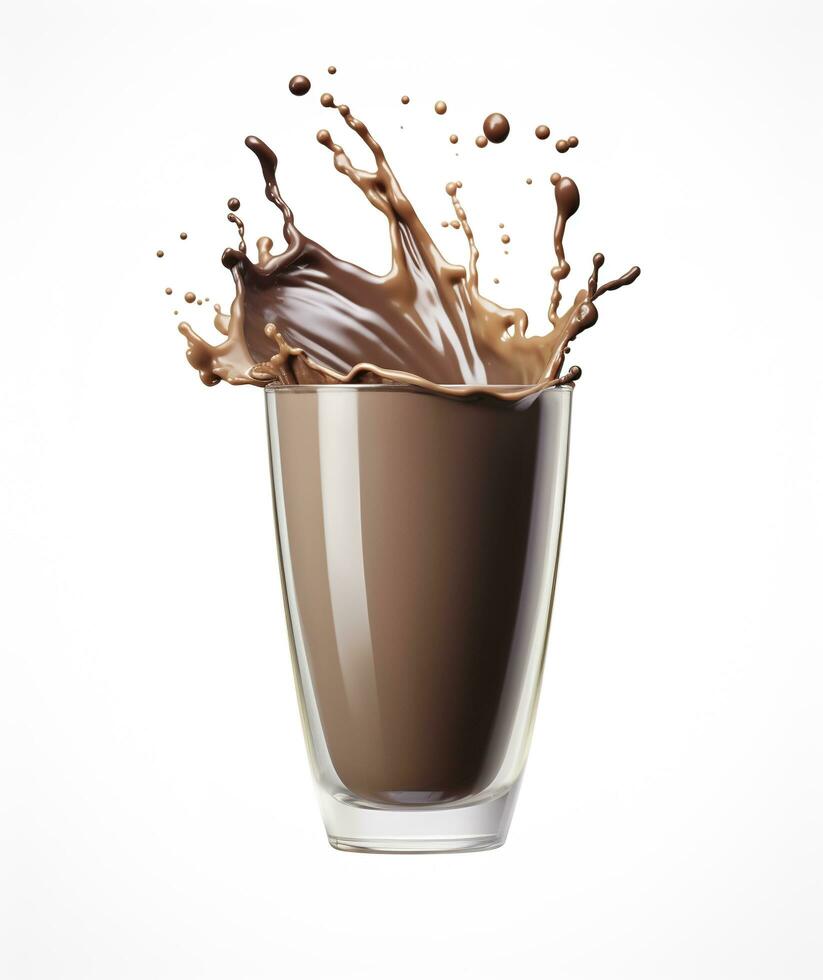 ai generado vaso con salpicaduras cacao, chocolate torrencial, y chapoteo. 3d ilustración. ai generado foto