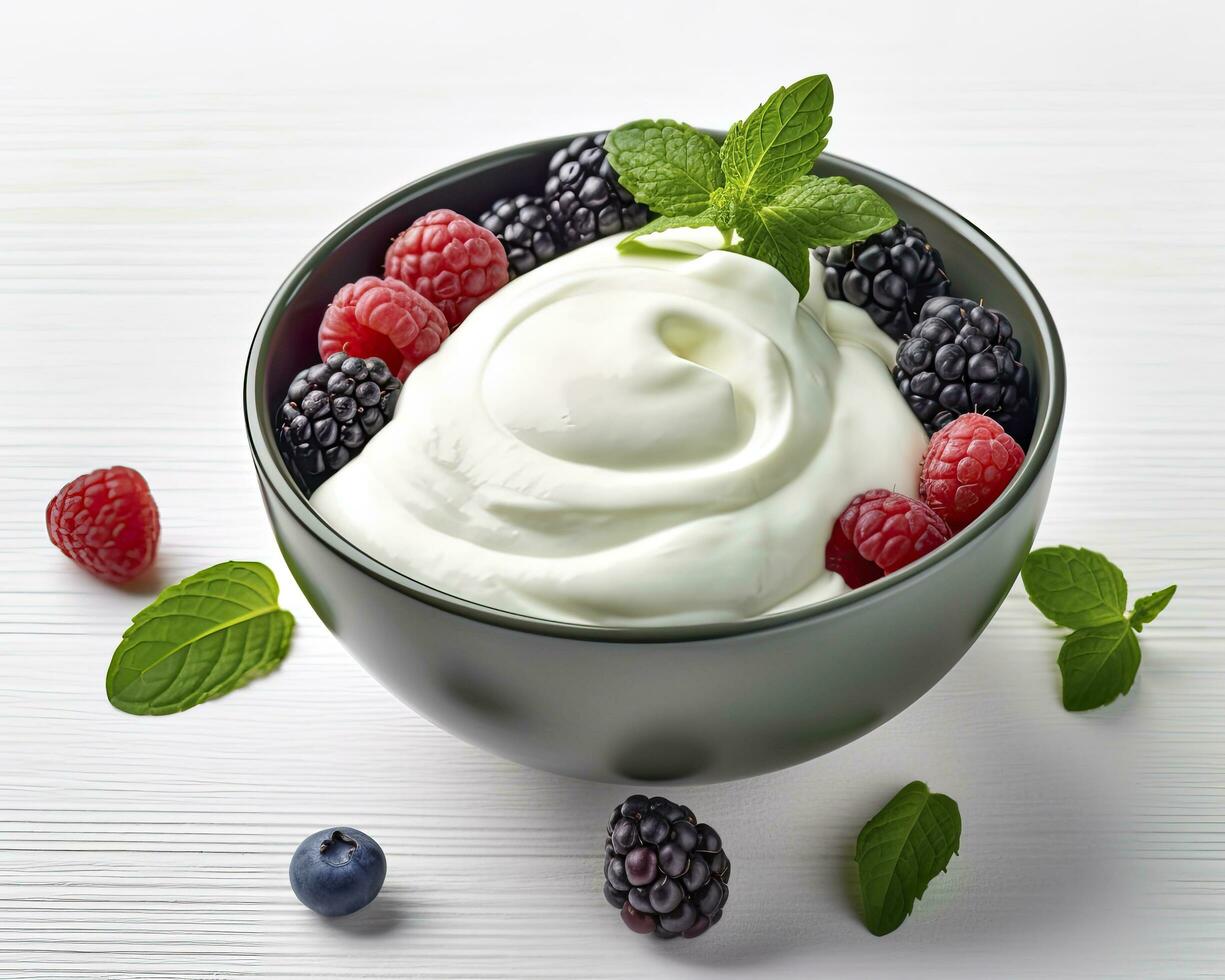 AI generated Green bowl of greek yogurt and fresh berries isolated on white background. AI Generated photo