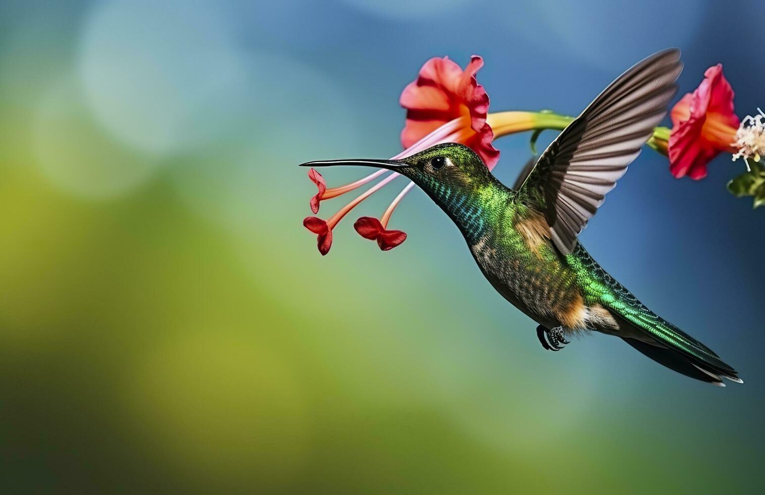 AI generated Hummingbird bird flying next to a beautiful red flower with rain. AI Generated photo