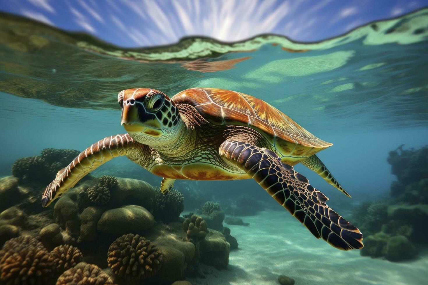 AI generated Green turtle at the seawater. AI Generated photo