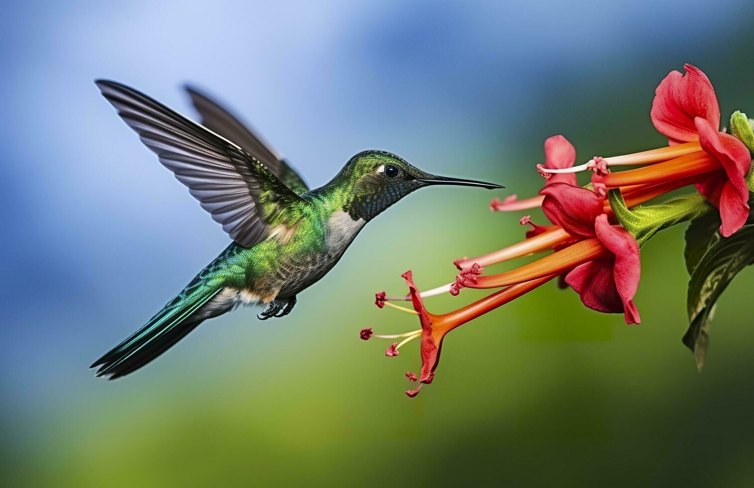 AI generated Hummingbird bird flying next to a beautiful red flower with rain. AI Generated photo
