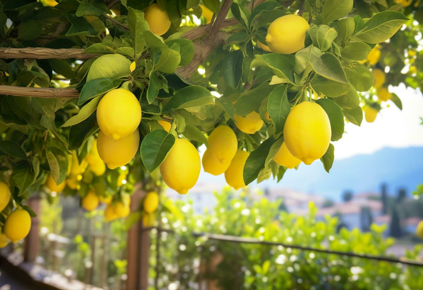 AI generated Lemons growing in a sunny garden on Amalfi coast in Italy. AI Generated photo