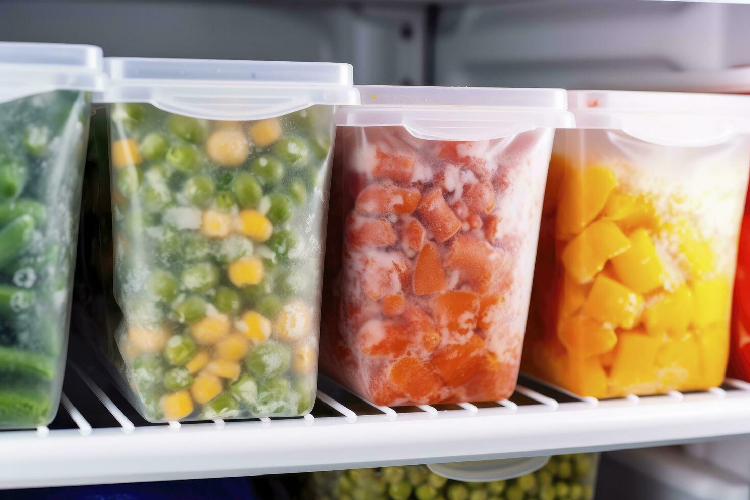 AI generated Frozen food in the freezer. Frozen vegetables. AI Generated photo