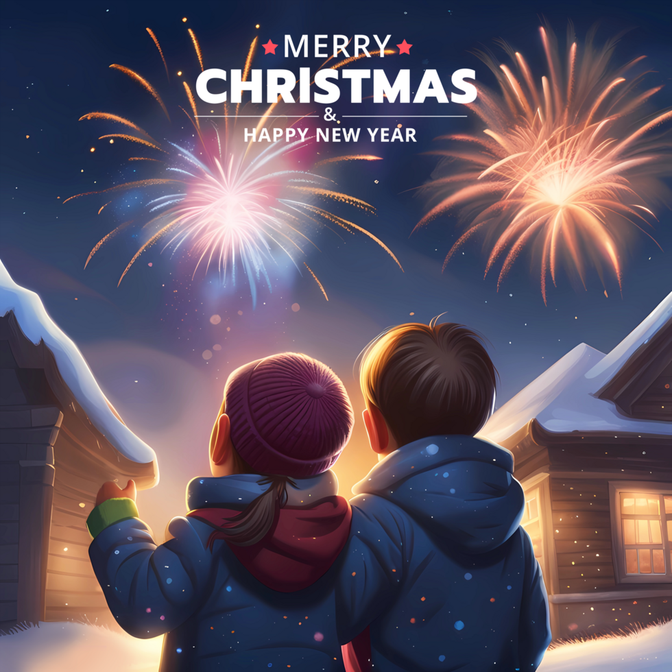 AI generated Happy New Year Greeting Card Template With Two Kids Celebrating New Year's Eve With Fireworks psd