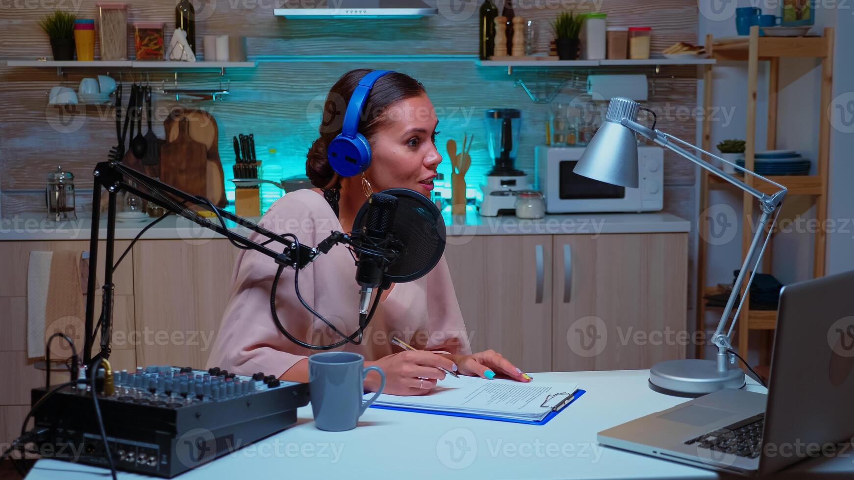 Host of night show speaking and taking notes on clipboard. Creative online show Onair production internet broadcast host streaming live content, recording digital social media communication photo