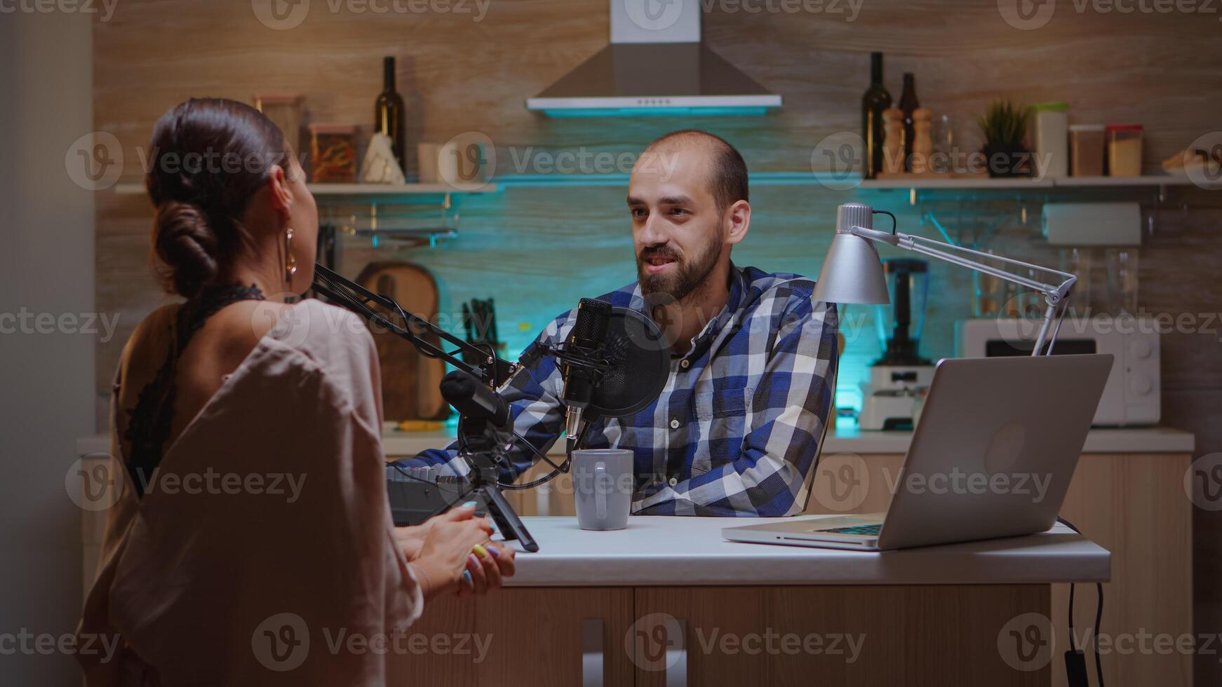 Social media star answering questions from online show host in podcast. Creative online show Onair production internet broadcast host streaming live content, recording digital media photo
