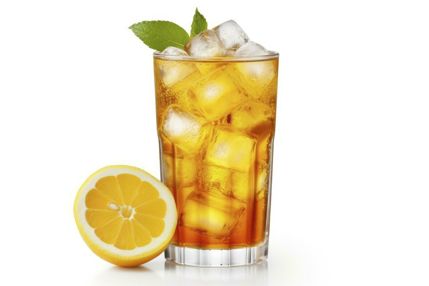 AI generated A glass of orange soda water with ice cubes on white background. AI Generated photo