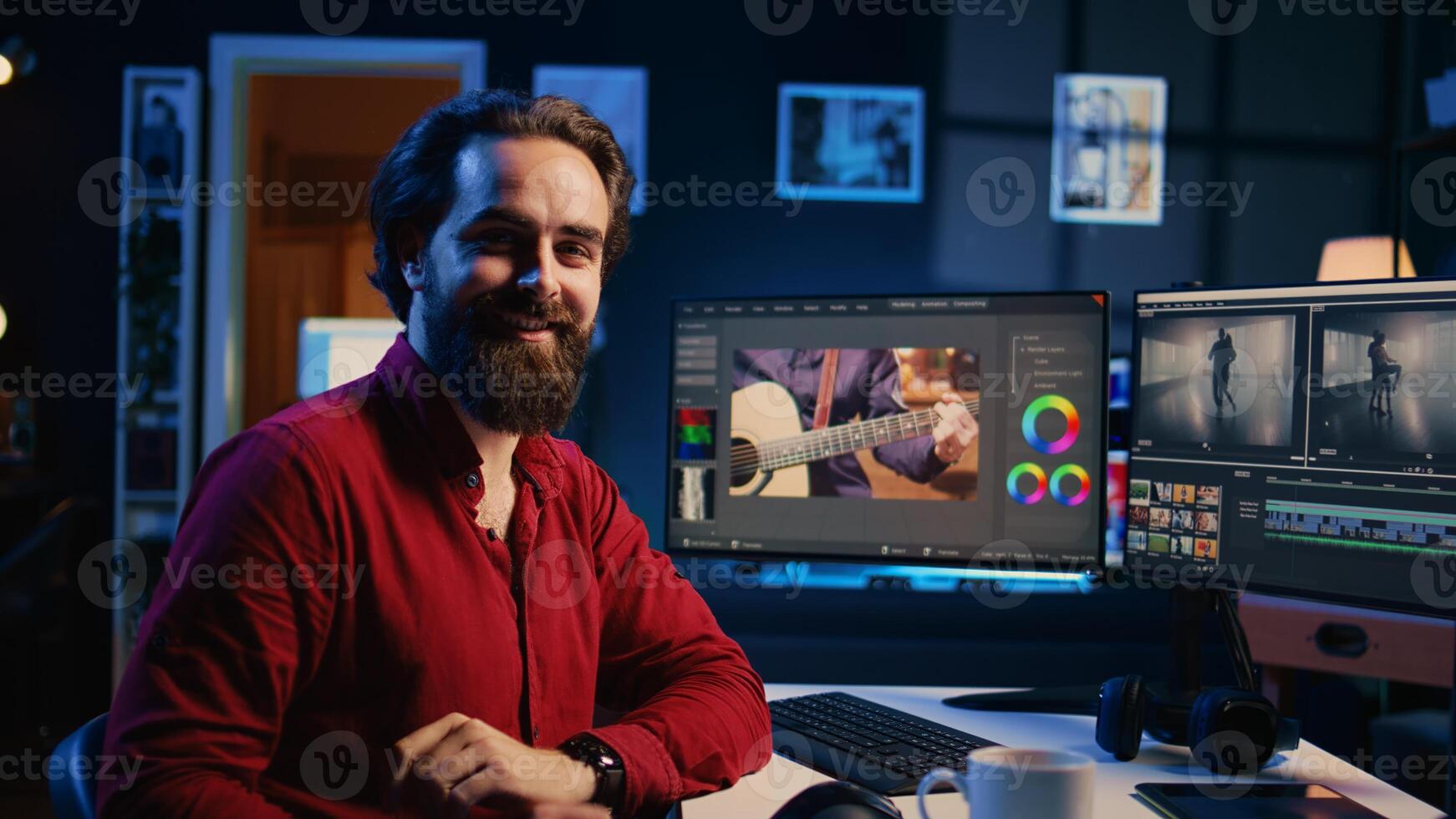 Portrait of happy videographer using professional software to create visual effects for video projects. Smiling expert using post production techniques to edit raw clips footage, zoom in shot photo