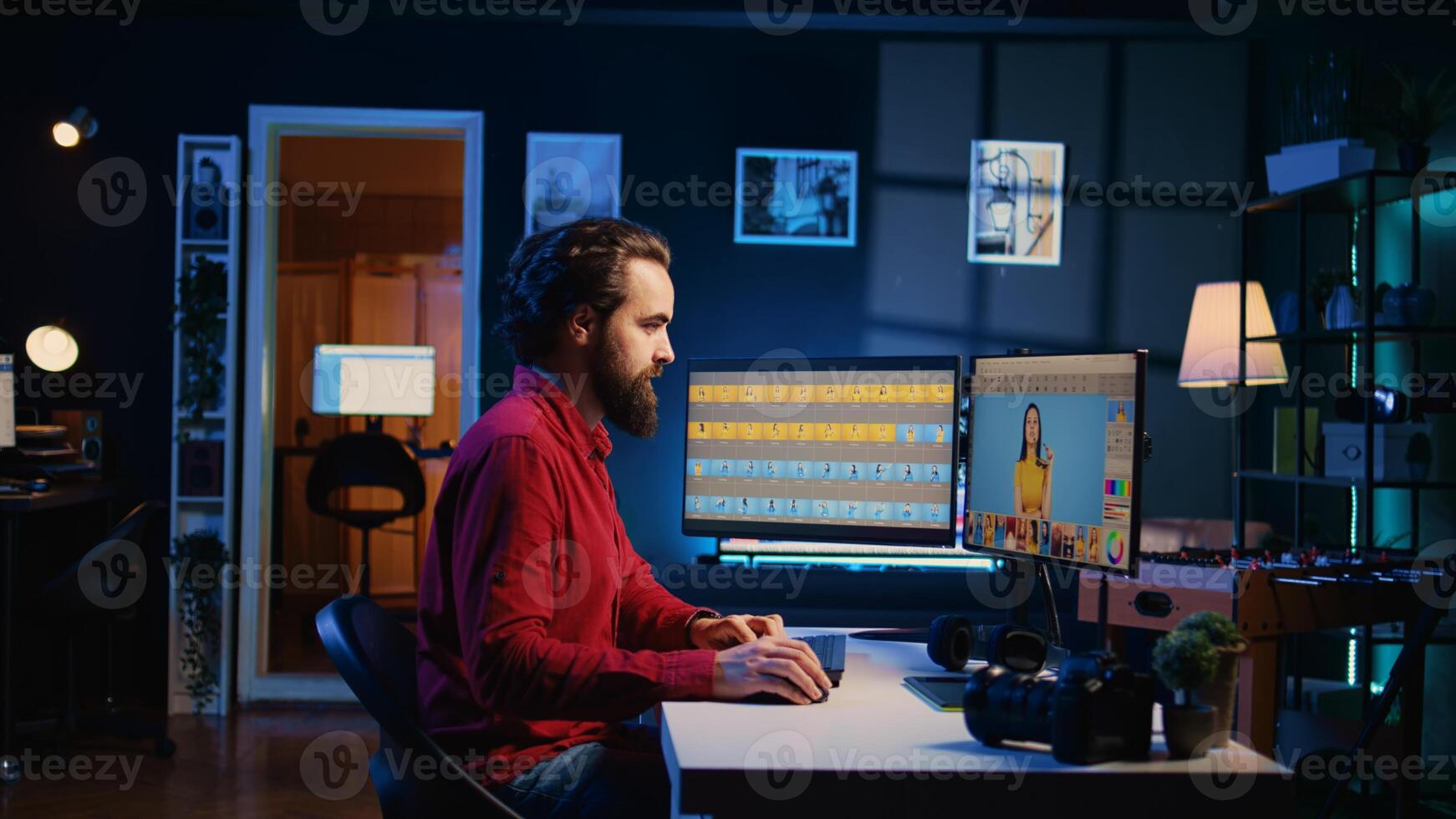 Content creator working in graphic design multimedia studio, selecting best editorial pictures for social media post. Professional editing photos in advertising agency office, close up zoom in shot