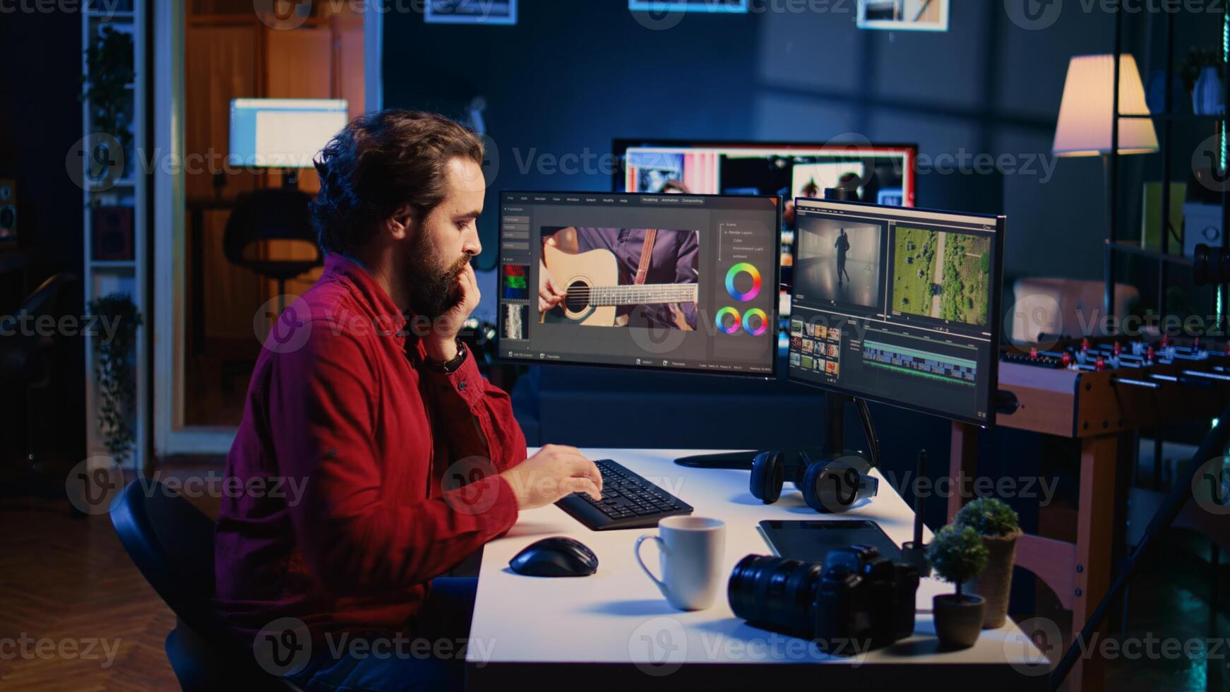 Video production specialist merging raw clips and footage into finished news segment content. Videographer operating computer editing systems and equipment in production studio, dolly out shot photo