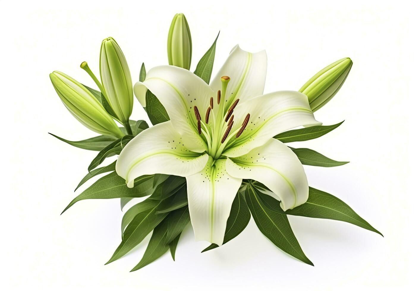 AI generated Beautiful fresh lily flower with green leaves, isolated on white background. AI Generated photo