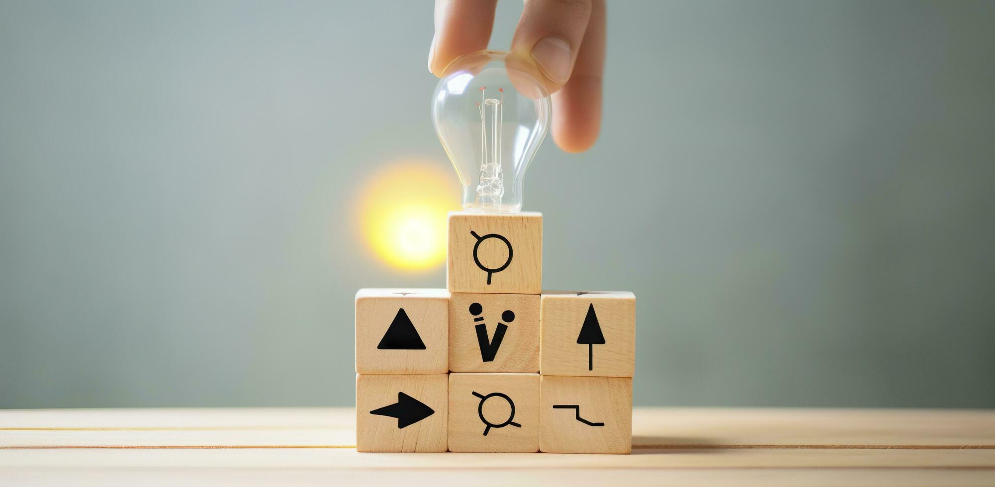 AI generated Creative idea, solution and innovation concept. Idea generation for business development. Wooden cube blocks with light bulb and cycle icons on clean background and copy space. photo