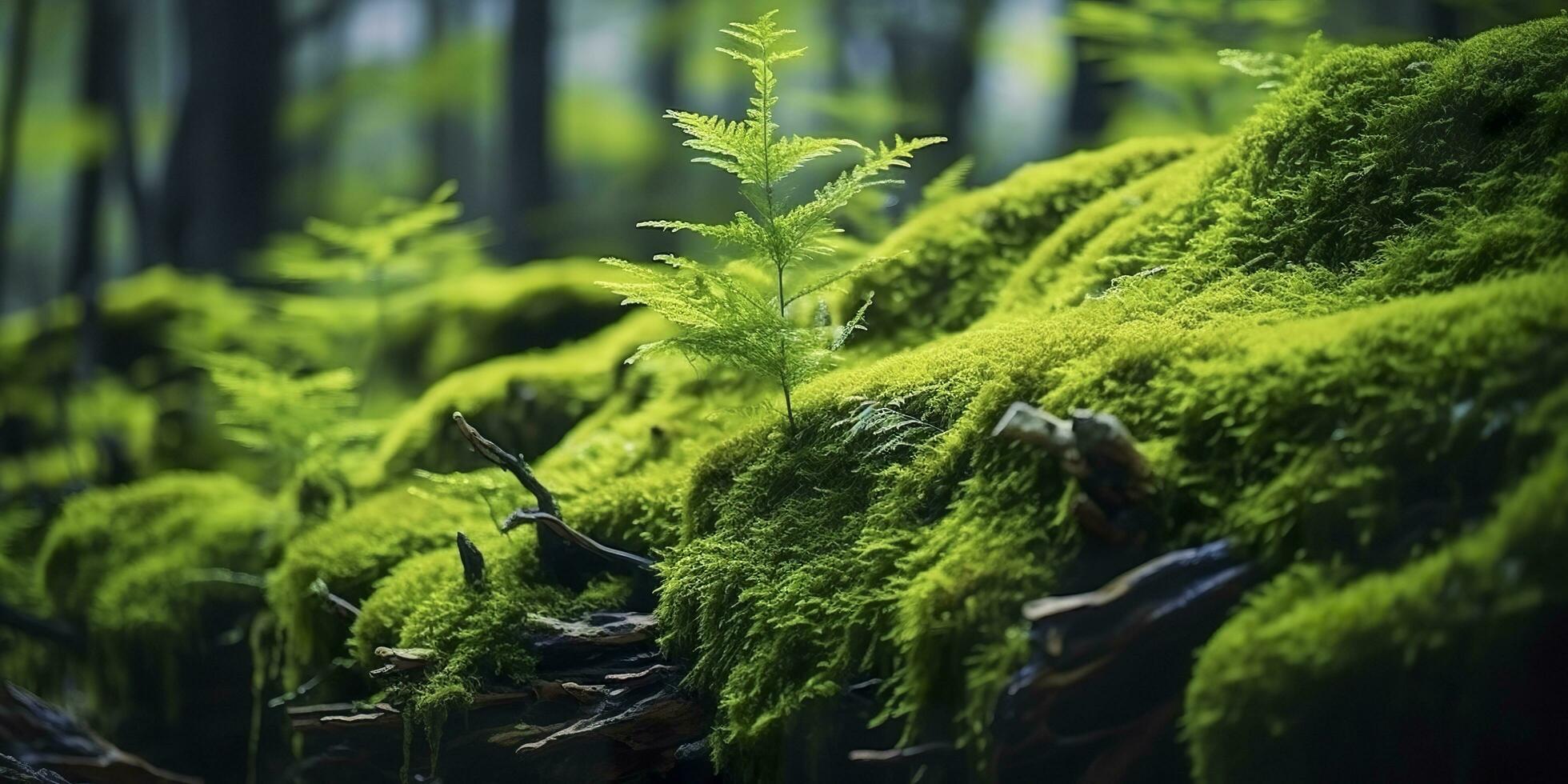 AI generated Green moss closeup, with a backdrop of woodland.  Forest in the national park. AI Generated photo