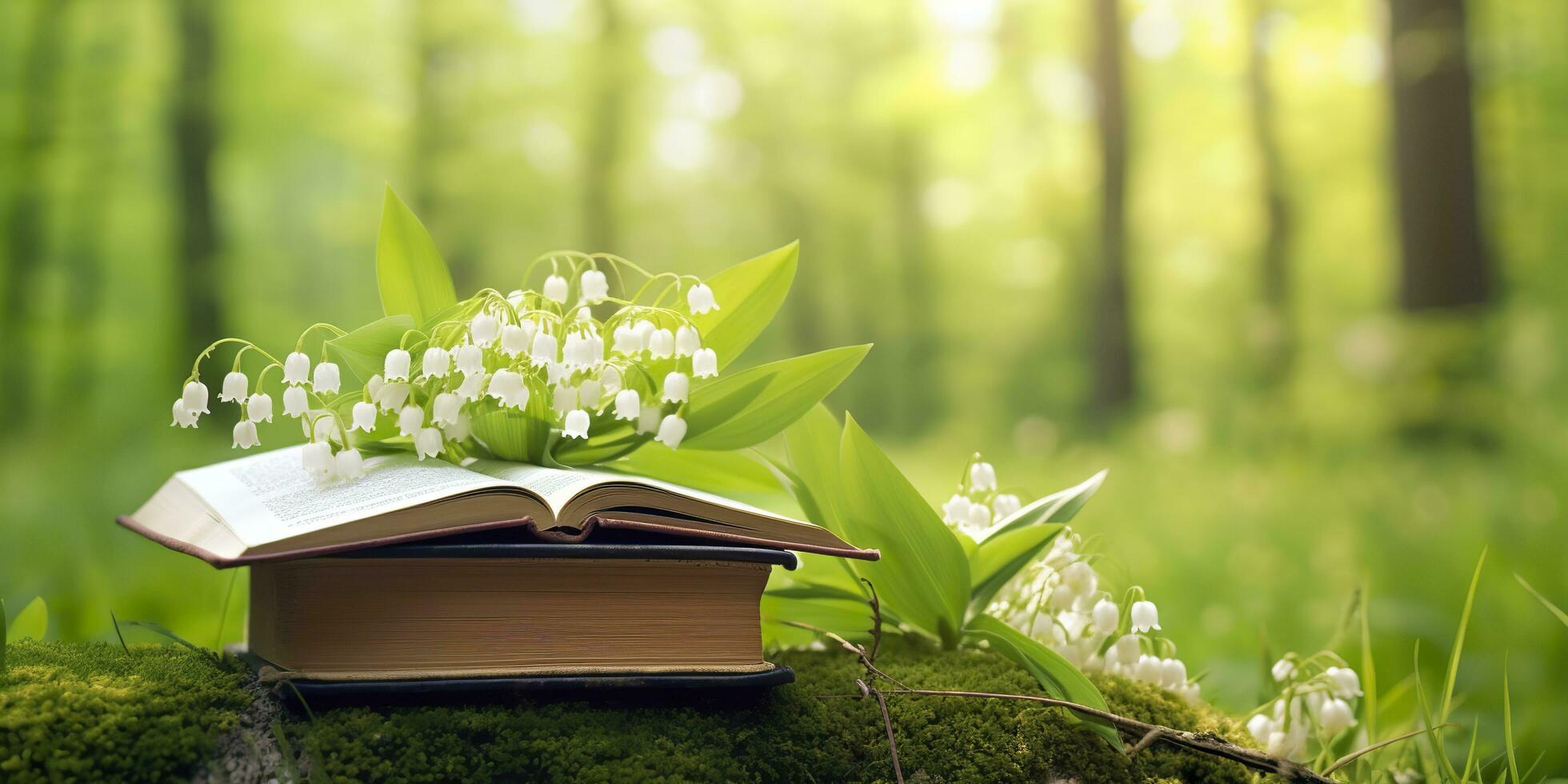 ai generado lirio de el Valle flores y antiguo libros en el bosque, verde natural antecedentes. ai generado foto