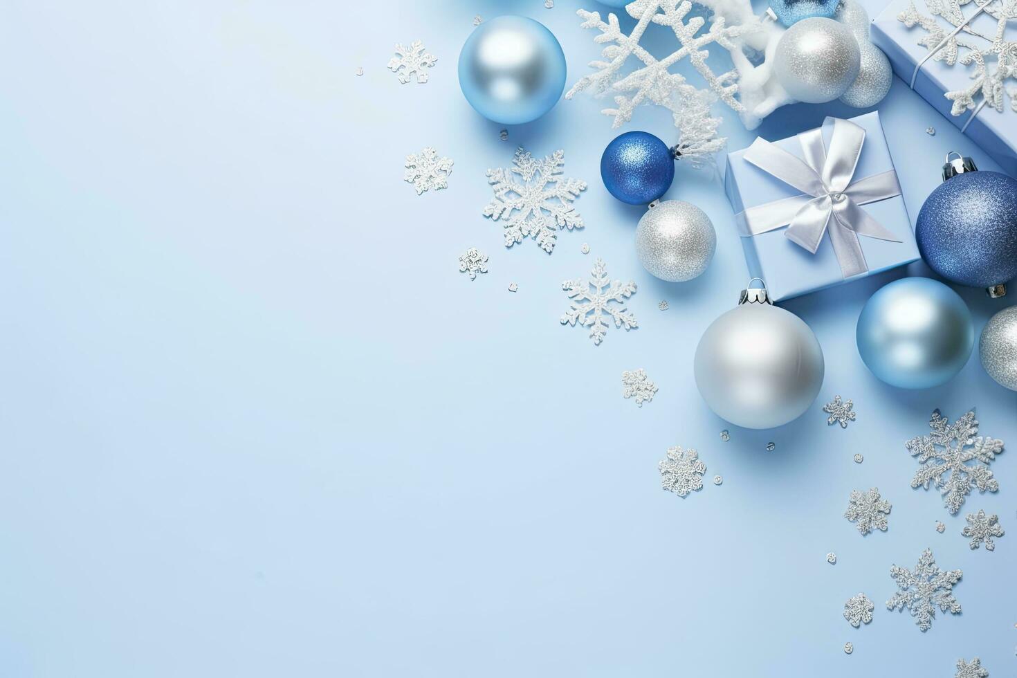 AI generated Christmas Eve concept. Top view photo of blue and silver baubles snowflake ornaments stylish present boxes and confetti. AI Generated