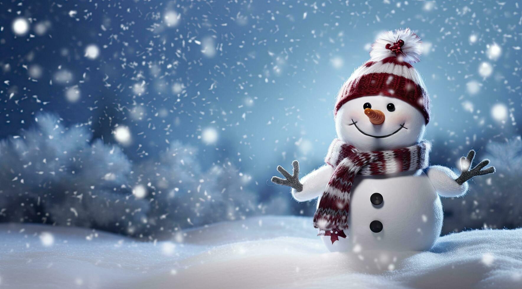 AI generated Happy snowman in the winter scenery. AI Generated photo