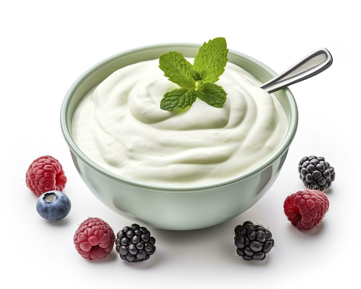 AI generated Green bowl of greek yogurt and fresh berries isolated on white background. AI Generated photo