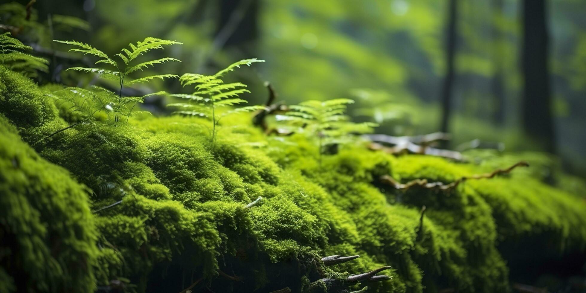 AI generated Green moss closeup, with a backdrop of woodland.  Forest in the national park. AI Generated photo