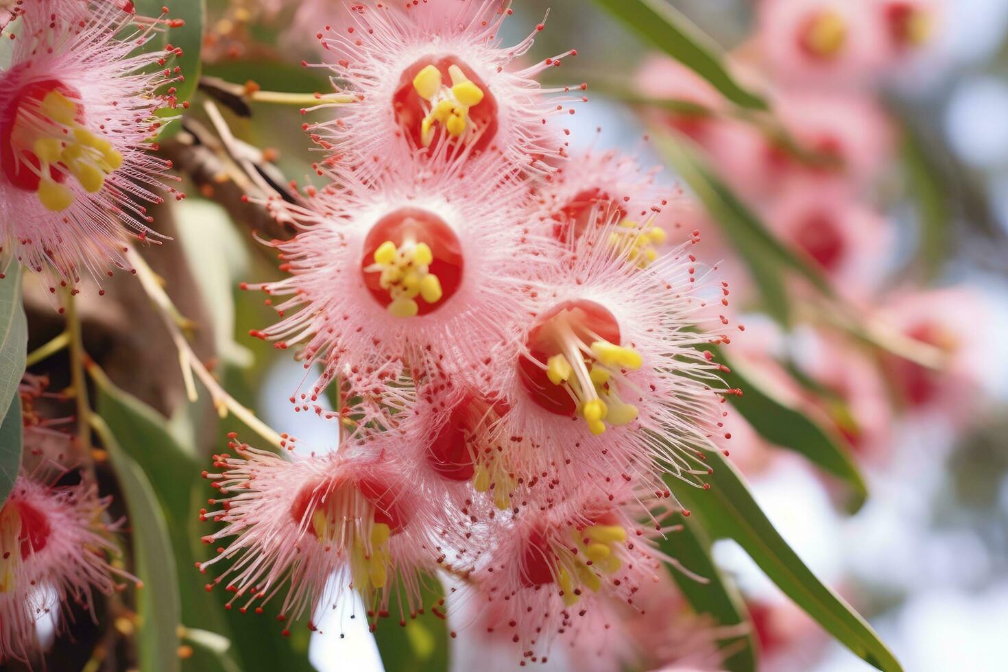 AI generated Beautiful Gum tree pink flowers and buds. AI Generated photo
