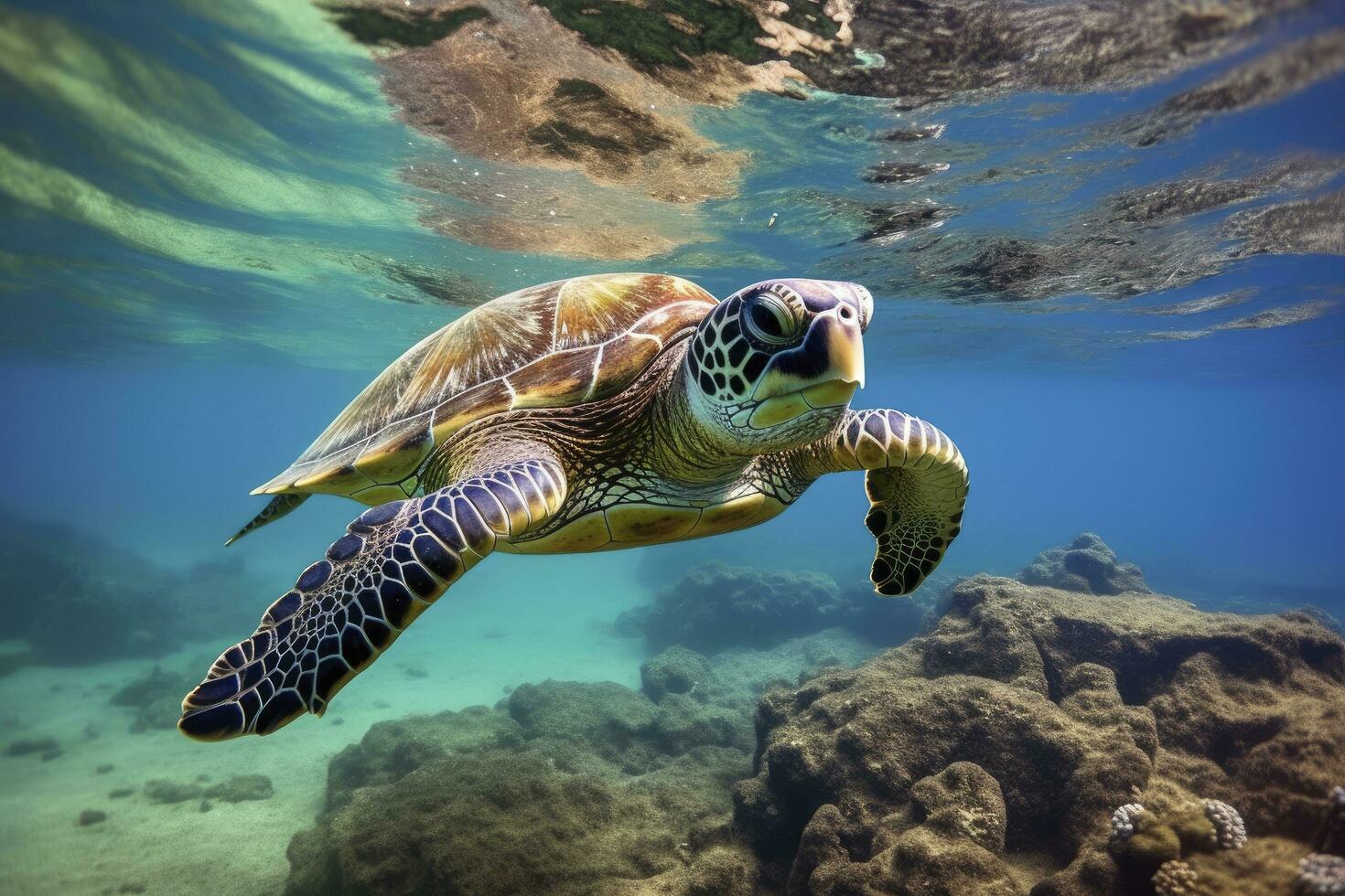 ai generado verde Tortuga a el Agua de mar. ai generado foto