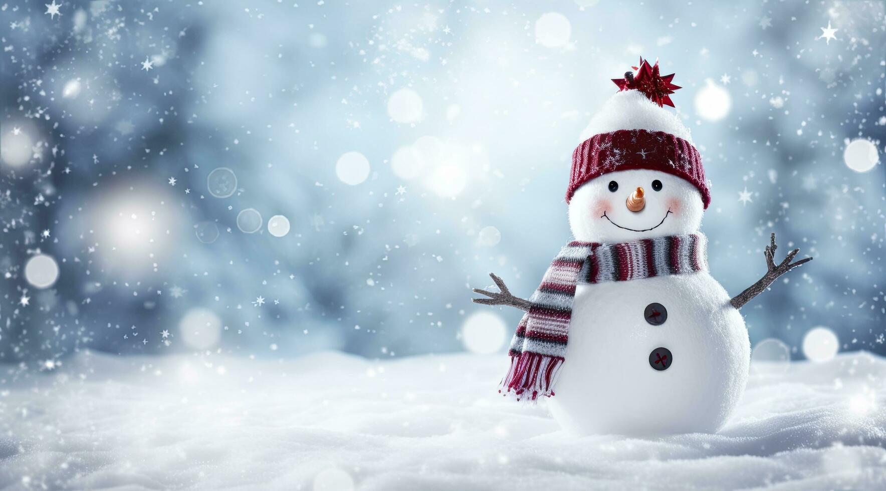 AI generated Happy snowman in the winter scenery. AI Generated photo