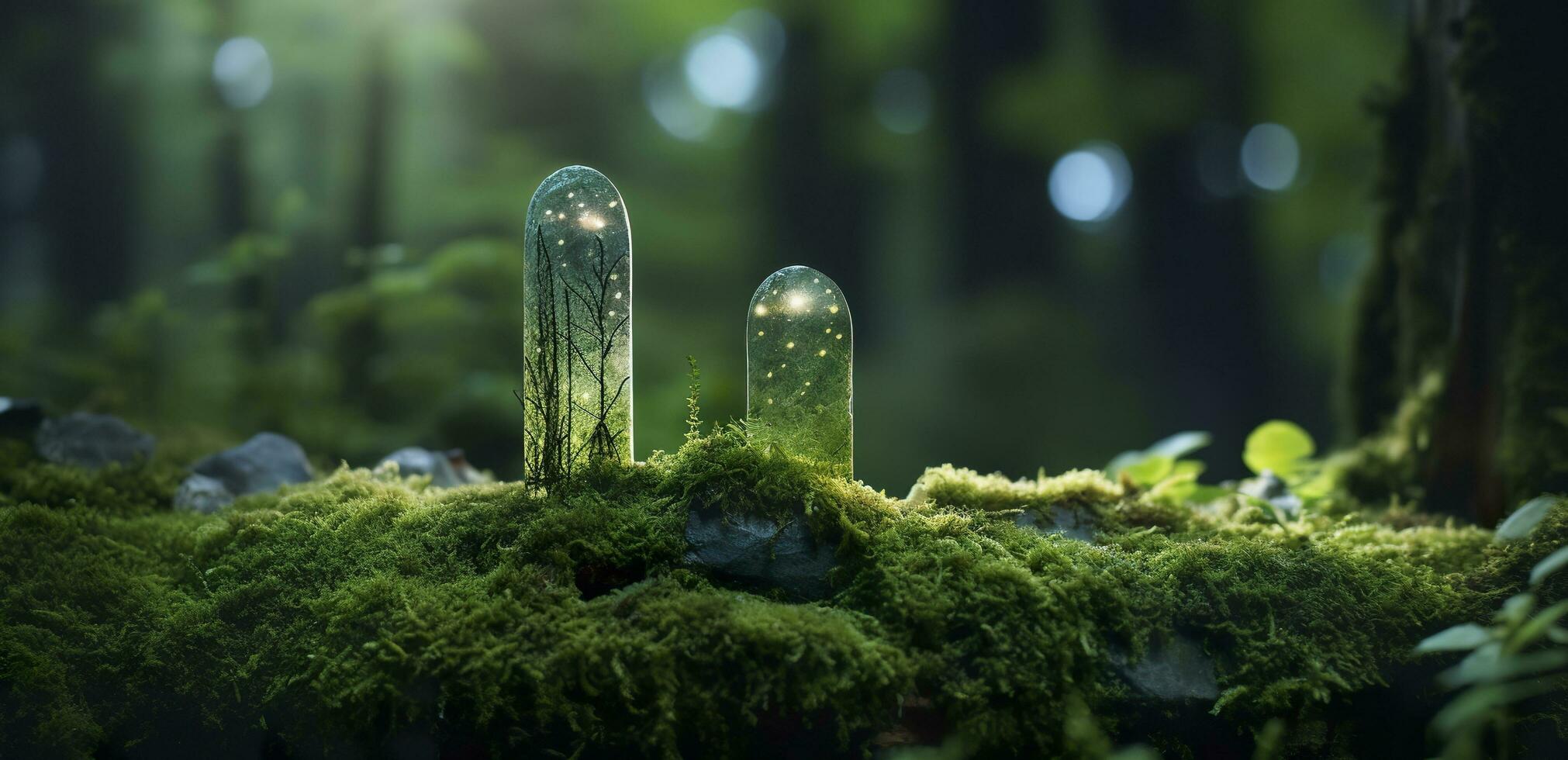 AI generated Crystals with moon phases image of moss in a mysterious forest, natural background. Generative AI photo