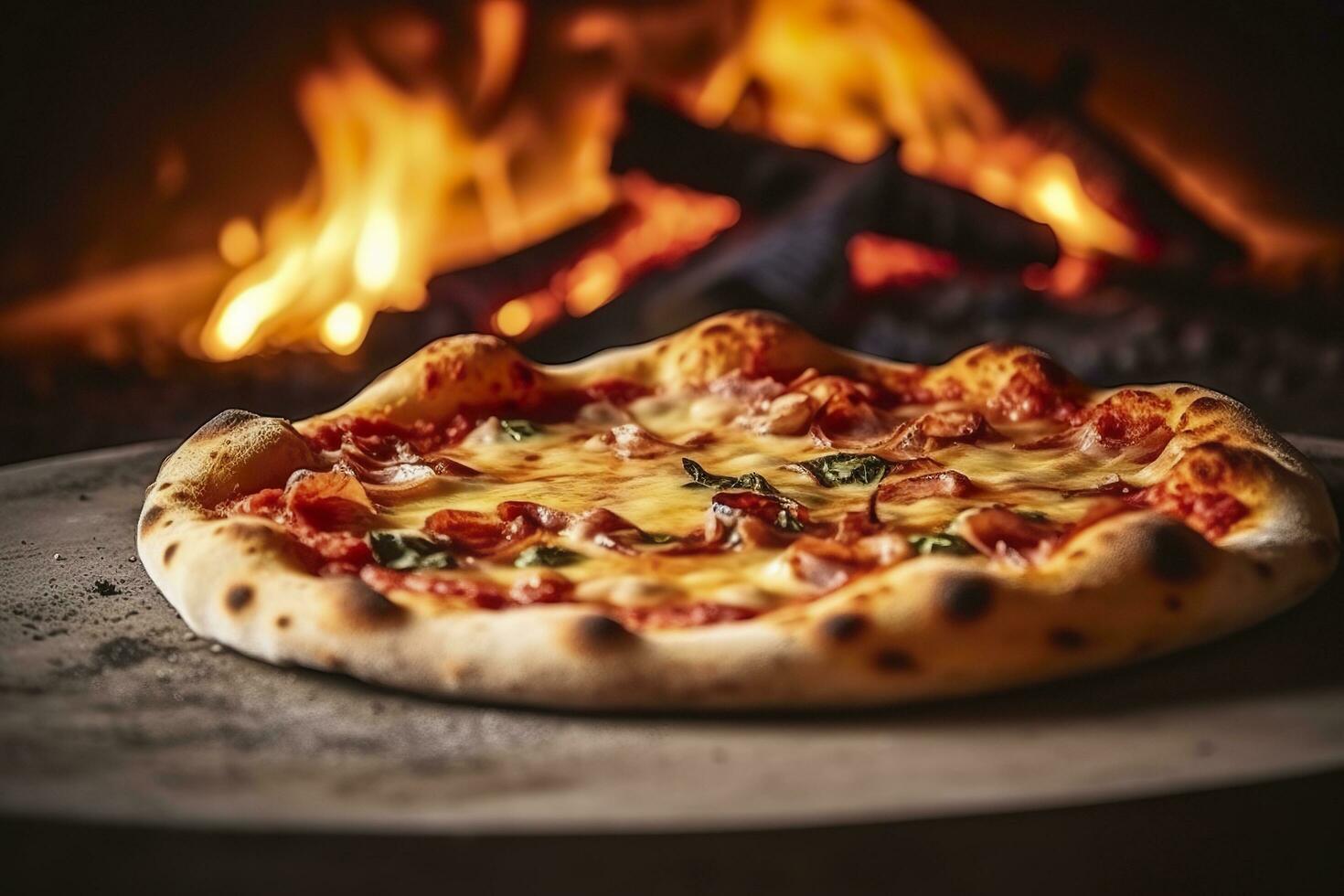 AI generated Freshly baked pizza closeup, traditional wood fired oven background. AI Generated photo