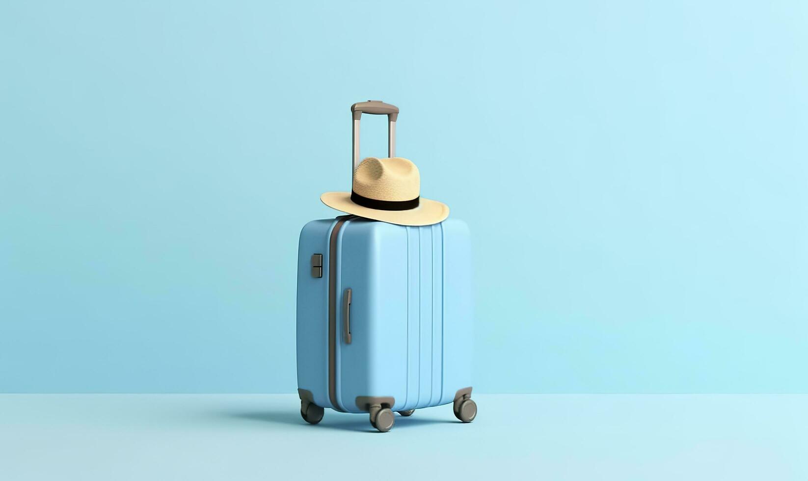 AI generated Blue suitcase with sunglasses on a pastel blue background. travel concept. Generative AI photo